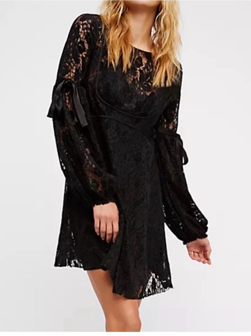 Free people ruby lace tie sleeve mini dress black size small